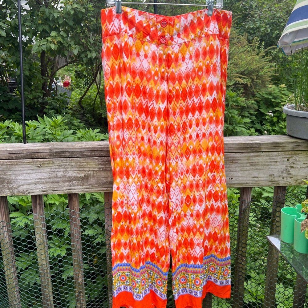Global Desi Boho Orange Print Pants Two Button Closure Top Wide  Long Leg Sz Lg